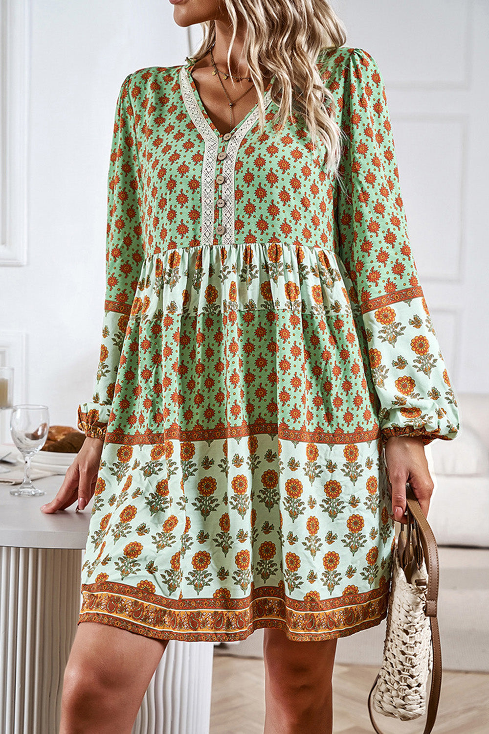 Boho Printed V-Neck Long Sleeve  Casual Dress New women's Fashion