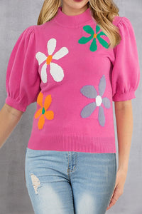 Flower Mock Neck Short Sleeve Sweater Women's Casual Fashion Short Sleeve Top