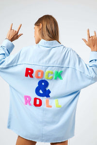 Rock and Roll Denim Shirt Women's 100% Cotton Graphic Multi Color Letters Fringed Hem Detail Shirt