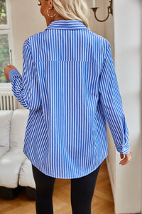 Striped Button Up Long Sleeve Shirt Women's Casual Button Down Pin Stripe Collar Shirt