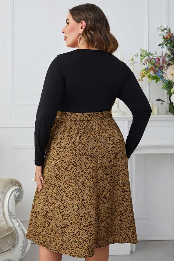 Melo Apparel Plus Size Leopard Long Sleeve Round Neck Dress