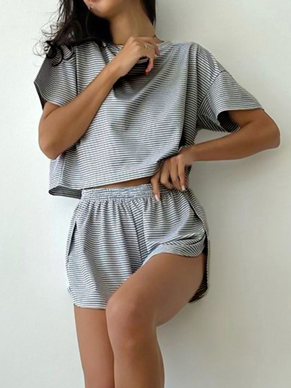 Striped Round Neck Top and Shorts Set Loungewear Two Piece Outfit Set Cotton Luxury Premium Fashion