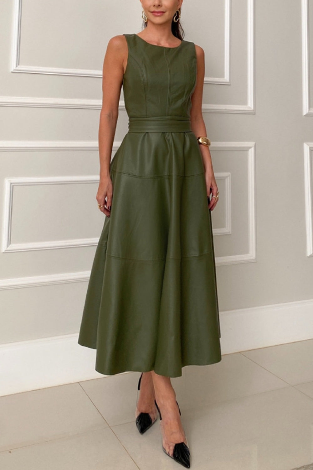 Olive Green Women's Short Sleeve Long Dress Round Neck Sleeveless Midi Dress