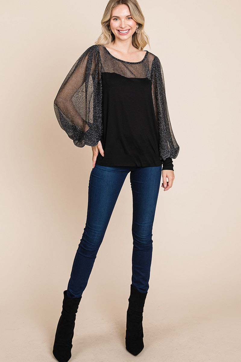 Super Lady Full Size Metallic Mesh Lantern Sleeve Blouse