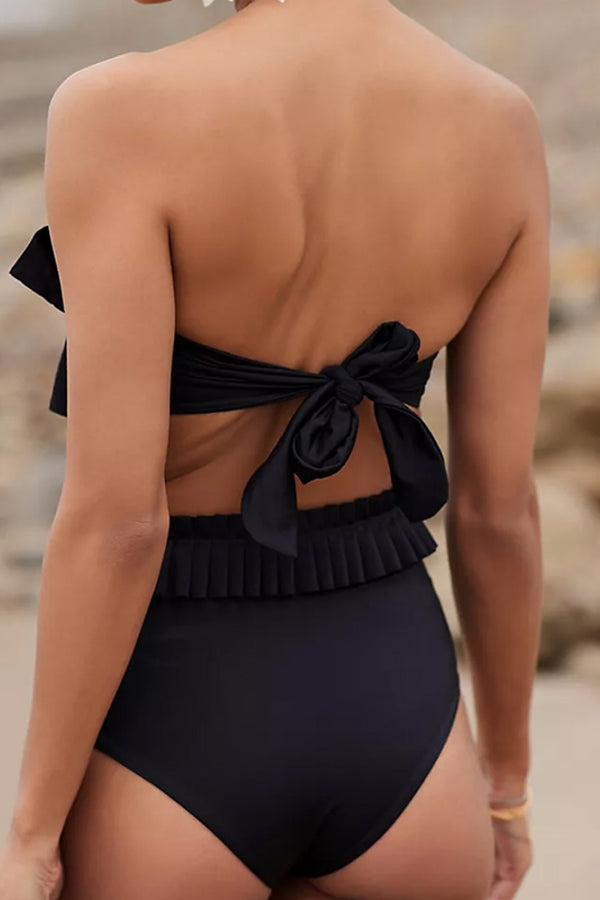 Two-Piece Bikini Women's Black Ruffled Top High Waist Bottoms Two-Piece Bathing-suit  Set