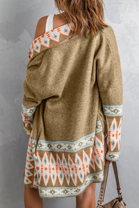 Cardigan Geometric Open Front Long Sleeve Maxi Sweater