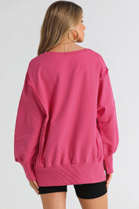 Pink Sweater Women's Fashion Slit Exposed Seam Round Neck Sweatshirt