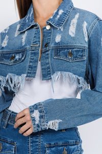 American Bazi Distressed Denim Cropped Jacket with Frayed Hem