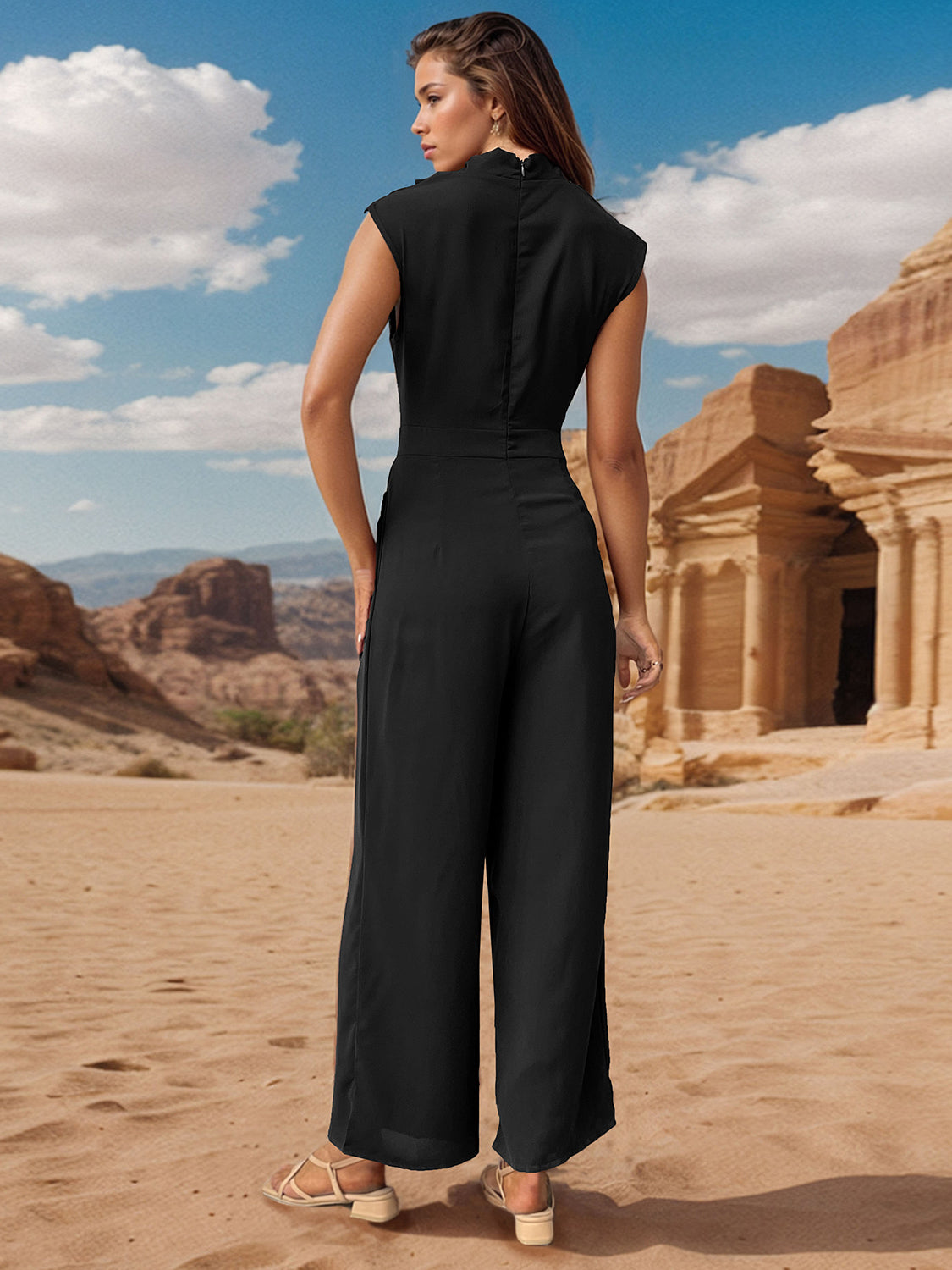 Ruched Mock Neck Sleeveless Jumpsuit New women's fashion pants romper