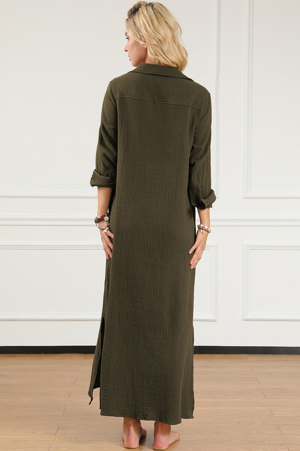 Olive Green Long Sleeve Maxi Dress New Women's Fashion Texture Collared Neck Button Up Slit Shirt Dress
