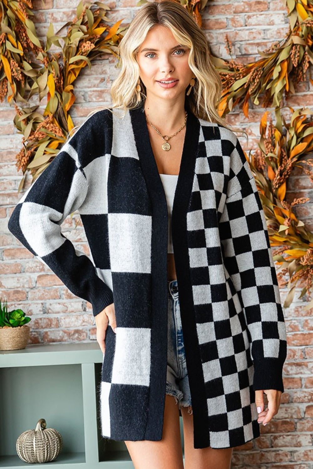 First Love Checkered Open Front Long Sleeve Cardigan
