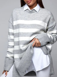 Slit Striped Round Neck Sweater New Women's Fashion