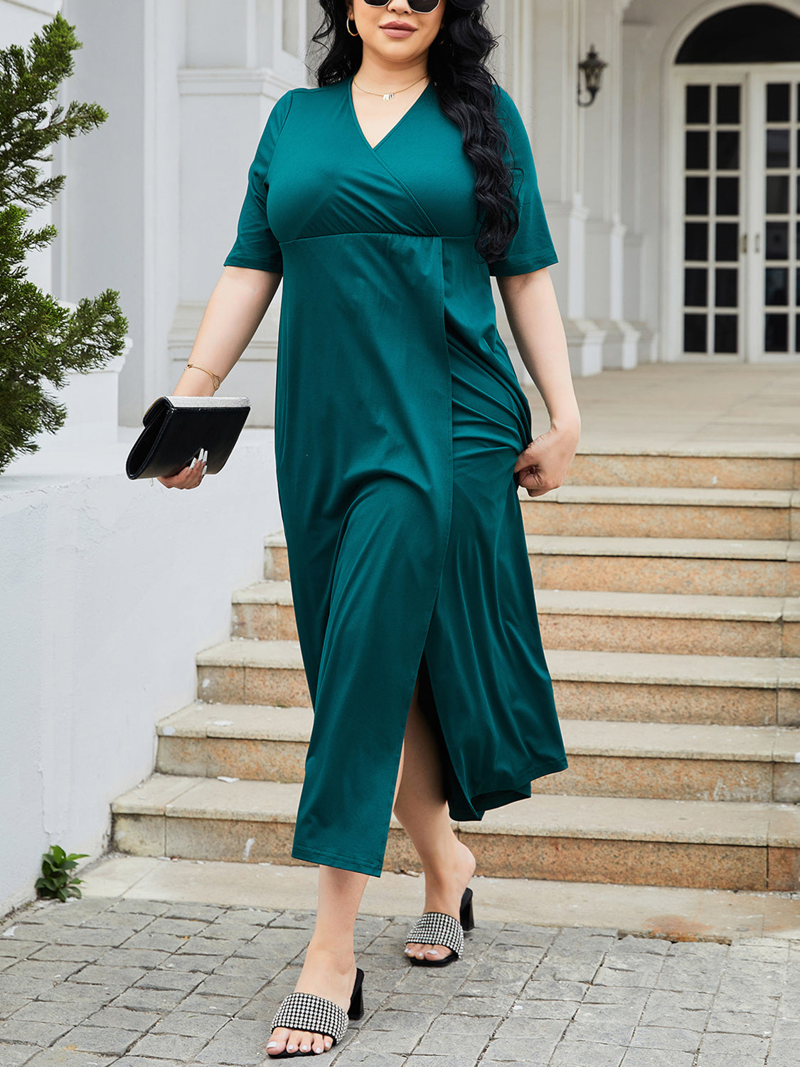 Plus Size Slit Surplice Short Sleeve Midi Dress