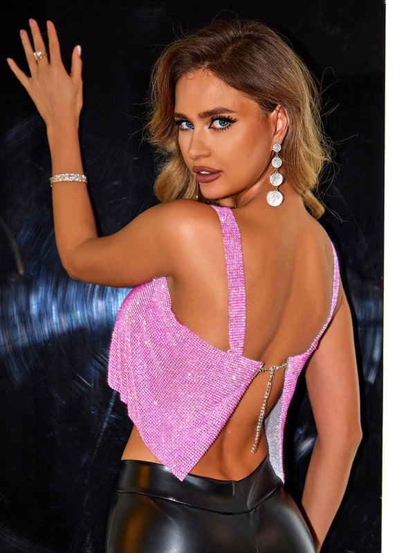 Pink Metallic Shiny Backless Square Neck Crop top Women's Party Top