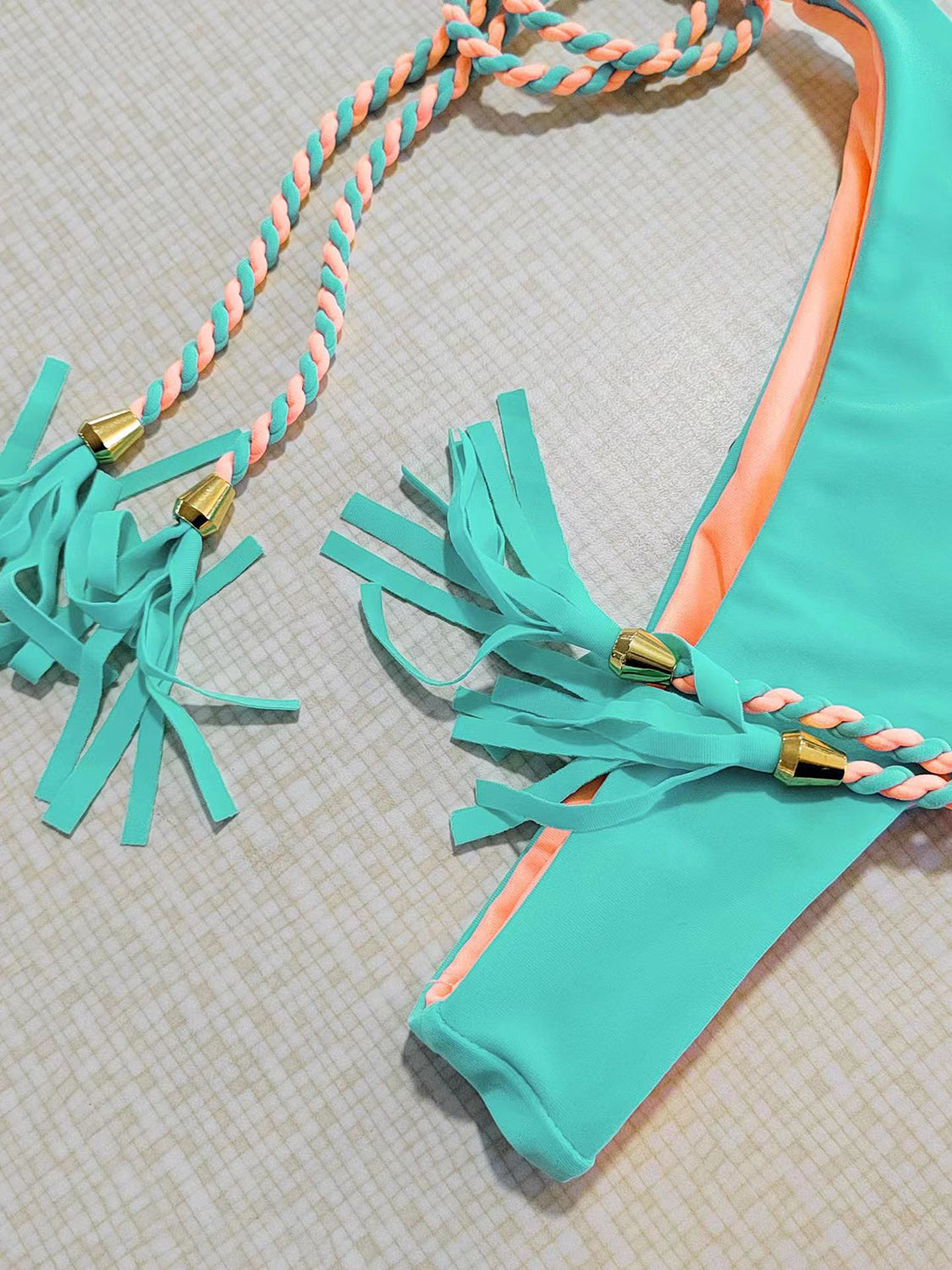 Color block Bikini Set Halter Neck Triangle and Tied Bottoms Two-Piece Nylon Luxury Swimsuit
