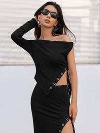 Black Off The Shoulder Top and High Slit Skirt Women's Two Piece Fashion Outfit Set