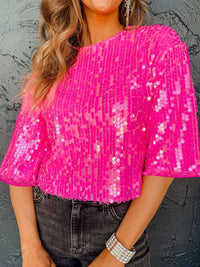 Pink Sequin Round Neck Half Sleeve Blouse Women's Short Sleeve Shiny Shirt