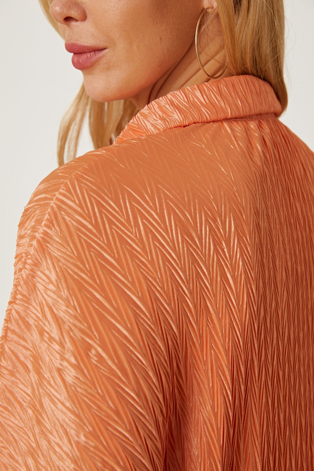 Orange Textured Button Up Long Sleeve Shirt Women's Top