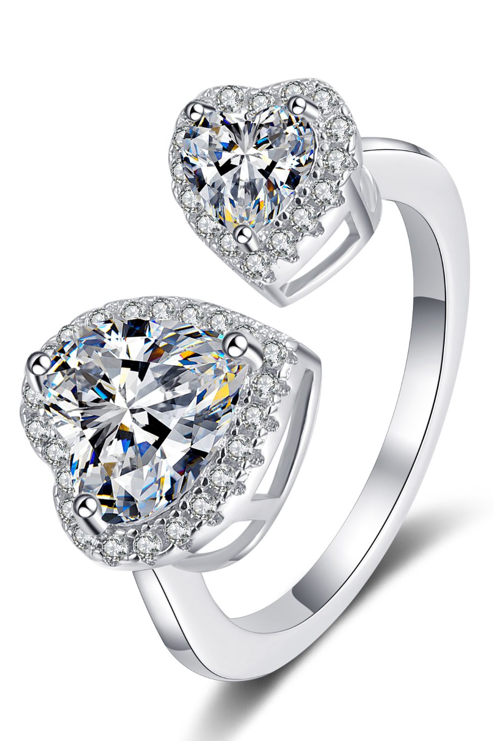 Double Heart Ring Adjustable Heart-Shape Moissanite Open center Ring Women's Fine Jewelry