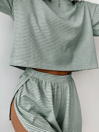 Striped Round Neck Top and Shorts Set Loungewear Two Piece Outfit Set Cotton Luxury Premium Fashion