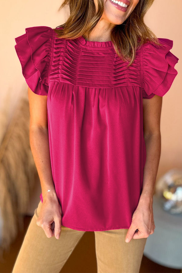 Rose Red Smocked Ruffle Sleeve Blouse Women's Fashion short Sleeve Shirt