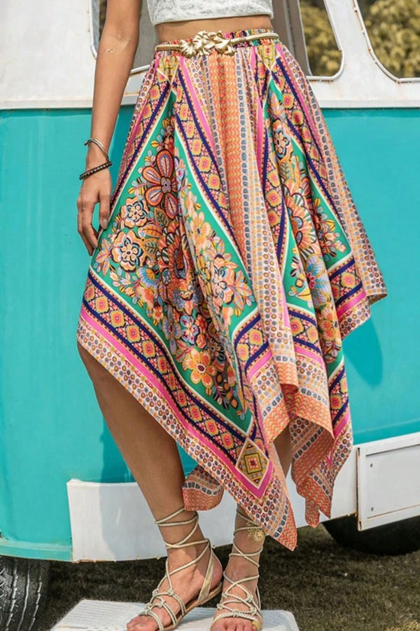 Boho Printed High Waist Midi Skirt Women's Festival Fashion Handkerchief Hem Skirt