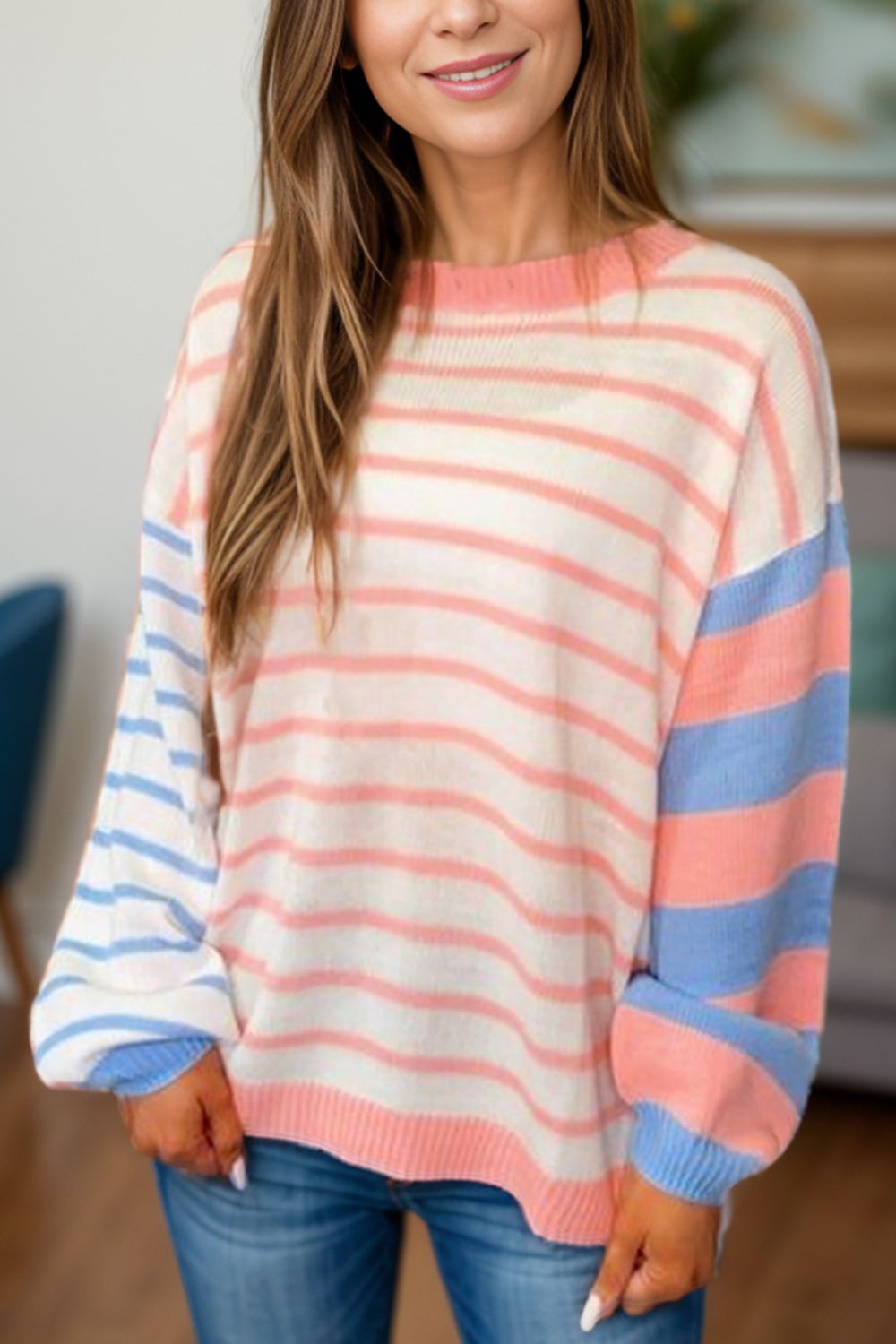 Contrast Striped Round Neck Long Sleeve Sweater