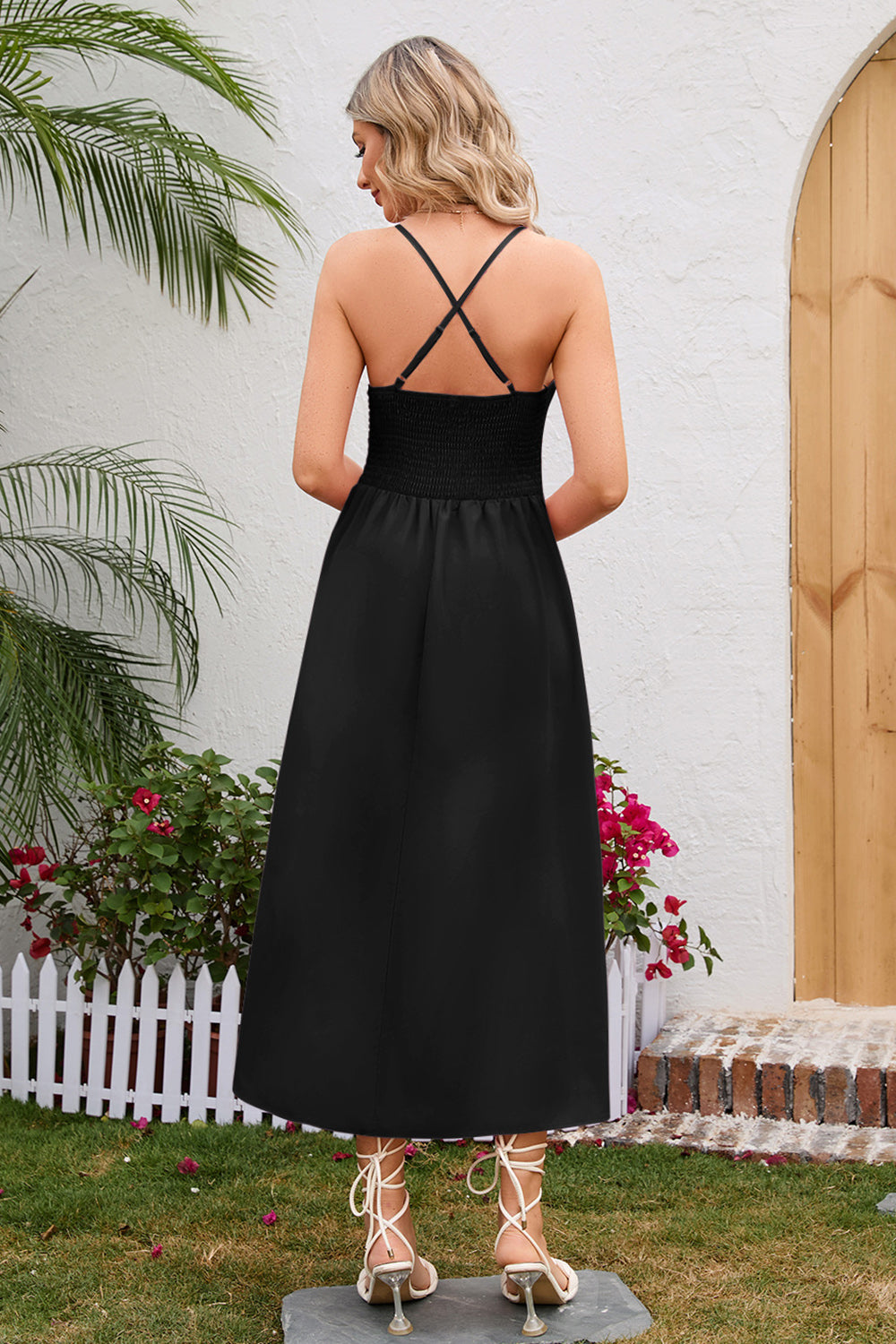 Casual Summer Maxi Dress Women's Fashion Crisscross Smocked Spaghetti Strap Dress