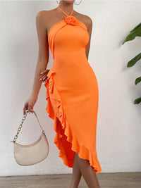 Orange Rose Detail Midi Dress Women's Ruffle Halter Neck Ruffle Trim Sleeveless Slit Dress