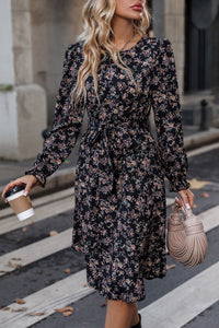 Floral Printed Long Sleeve Dress Pattern Round Neck Flounce Sleeves Women's Fashion