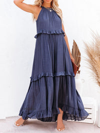 Casual Boho Ruffled Short Sleeveless Maxi Dress with Pockets New Women's Fashion Long Summer Dress