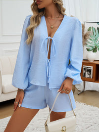 Tied Long Sleeve Top and Shorts Set