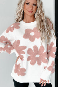 White Textured Flower Drop Shoulder Loose Sweater