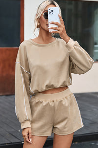 Outfit Set Casual Cropped Sweater and Shorts Two Piece Set Khaki Nude Loungewear