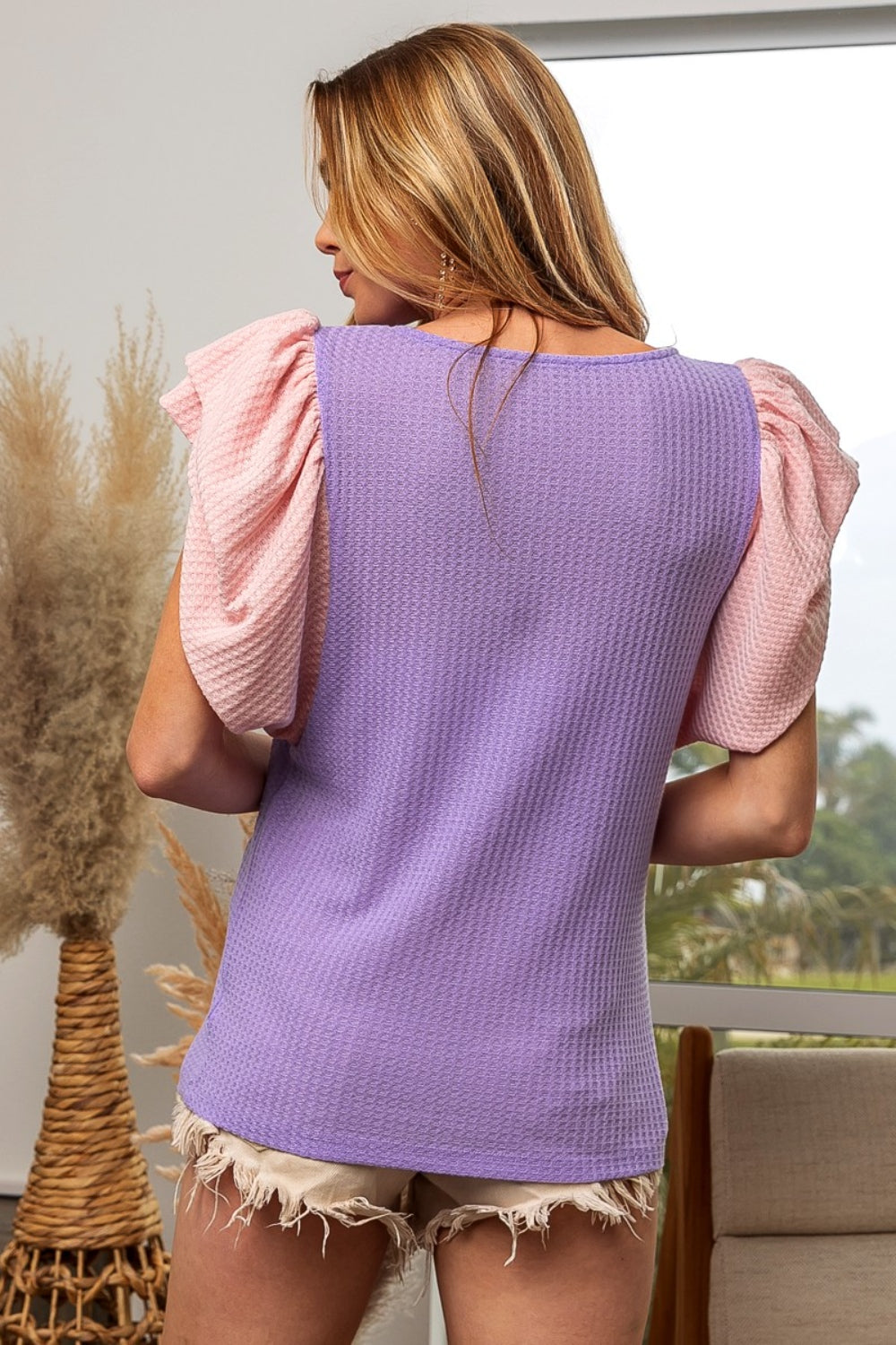 Color block pink and Purple Short Sleeve Shirt Women's Fashion  Waffle-Knit Ruffled Cap Sleeve Blouse