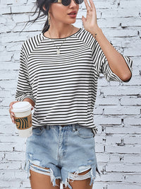 Black and White Striped Round Neck Raglan Short Sleeve T-Shirt Women's Fashion