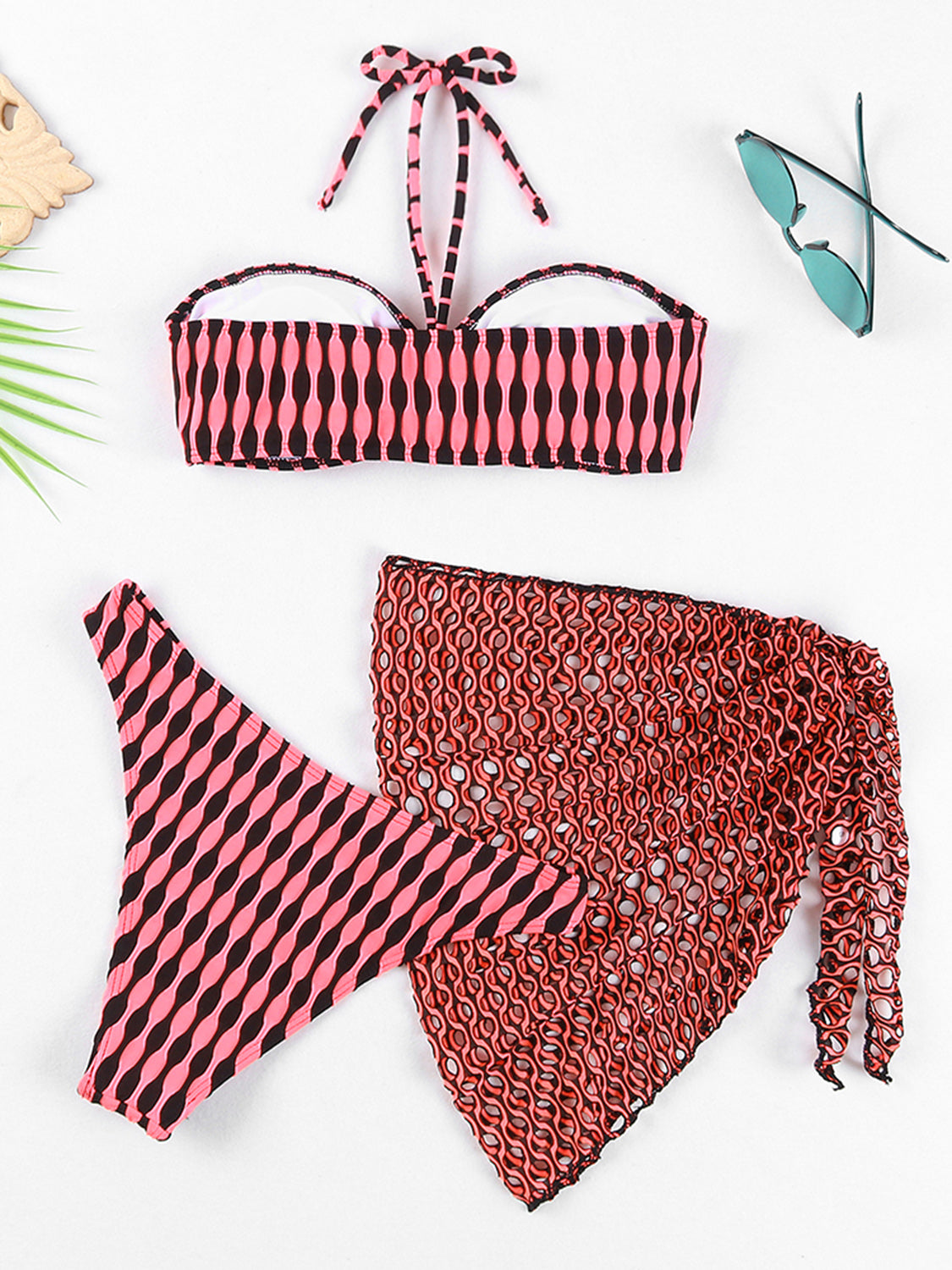 Two Piece Bikini Set with Cover Up Skirt Geometric Halter Neck Three-Piece Swim Set