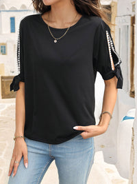 Black Shirt Women's Fashion Round Neck Split Sleeve Blouse