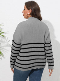 Plus Size Zip-Up Striped Sweater