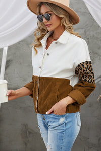 Light Jacket Women's Leopard Color Block Button-Up Corduroy Shacket
