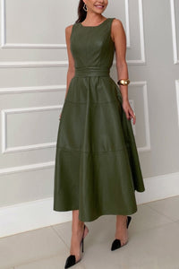 Olive Green Women's Short Sleeve Long Dress Round Neck Sleeveless Midi Dress