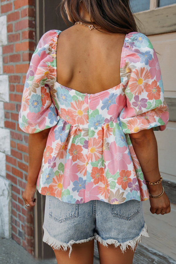 Pink Floral Puff Sleeve Square Neck Babydoll Blouse Women's Fashion Balloon Sleeve Shirt