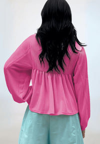 Texture Collared Neck Long Sleeve Blouse