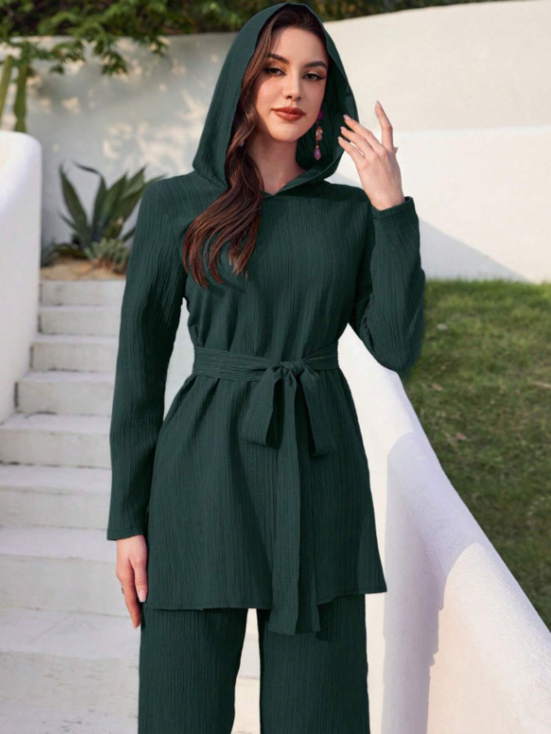 Tied Long Sleeve Hooded Top and Pants Set New Women's Fashion 2 Piece Set