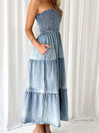 Denim Dress with ruffles and pockets Side Slit Smocked Tube Tiered Long Jean Dress