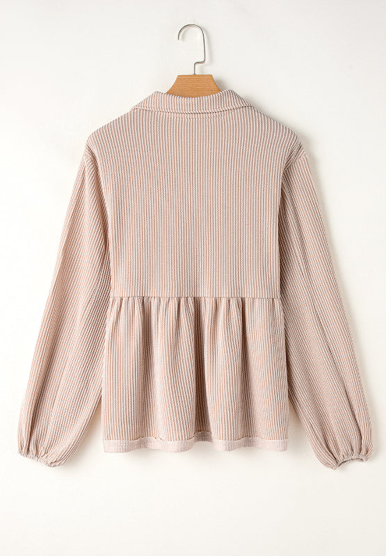 Texture Collared Neck Long Sleeve Blouse