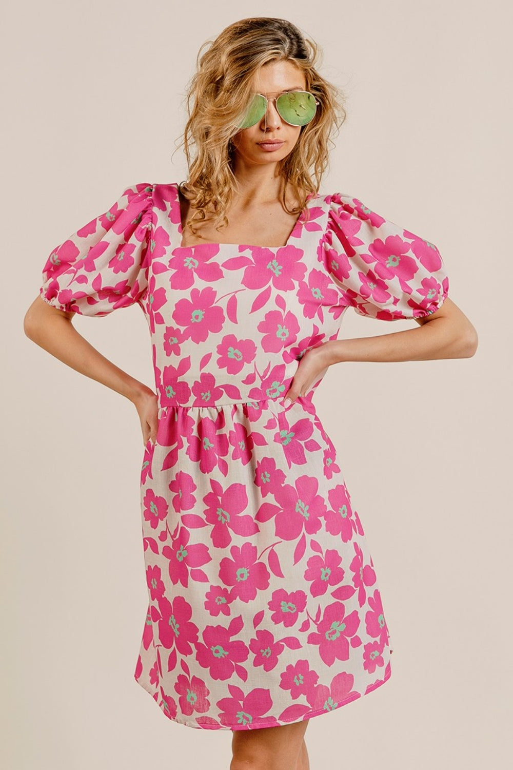 KESLEY Printed Square Neck Puff Sleeve Mini Dress