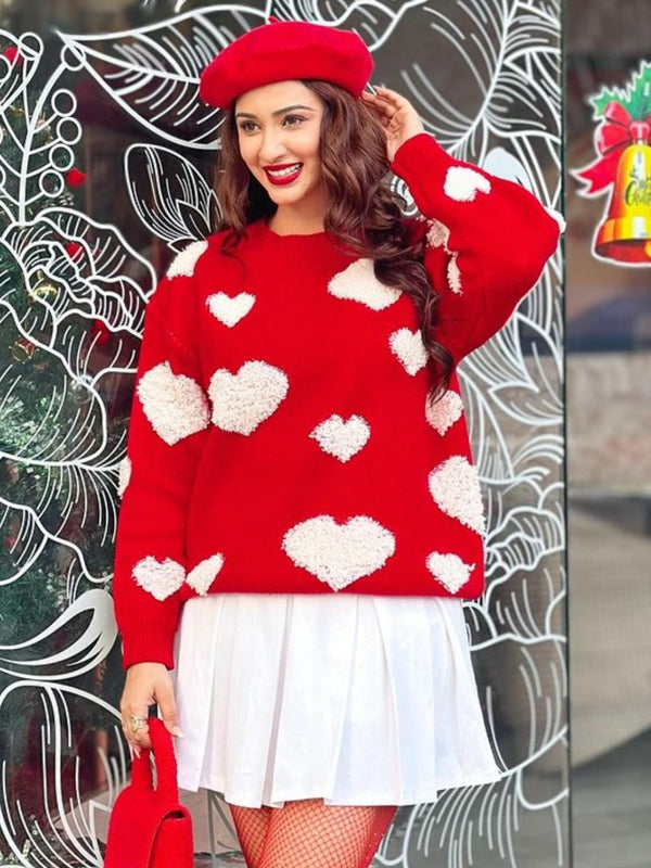 Red Heart Print Fashion Sweater Women's Warm and Cozy Round Neck Dropped Shoulder Sweater