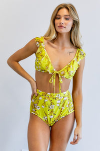 Bikini Set Two Piece High Waist Yellow Floral Printed Bathing Suit Two Piece  Set