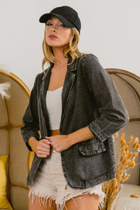 KESLEY Single Breasted Washed Denim Blazer 100% Cotton Premium Luxury Jean Jacket